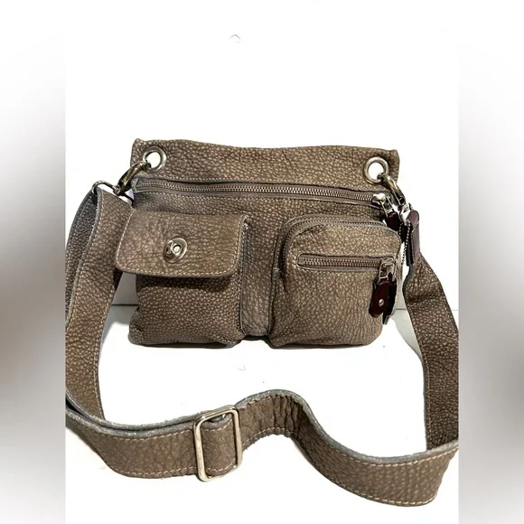 Roots Village Tribe Pebbled Leather Gray Taupe Crossbody Bag Canada π¨π¦ - Picture 1 of 12